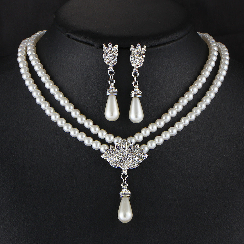 Jewelry Bridal Pearl Crystal Diamond Short Clavicle Neck Necklace Set Jewelry