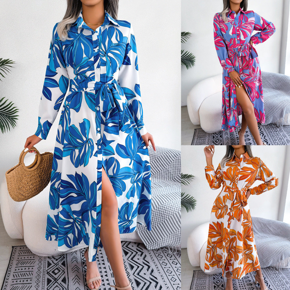 Contrast Color Flower Lapel Tied Shirt Dress Long Skirt apparel & accessories