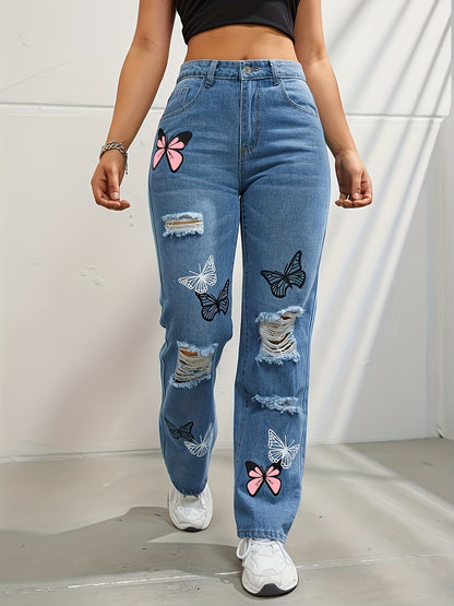 High Waisted Straight Leg Butterfly Print Ripped Distressed Denim Pants apparels & accessories