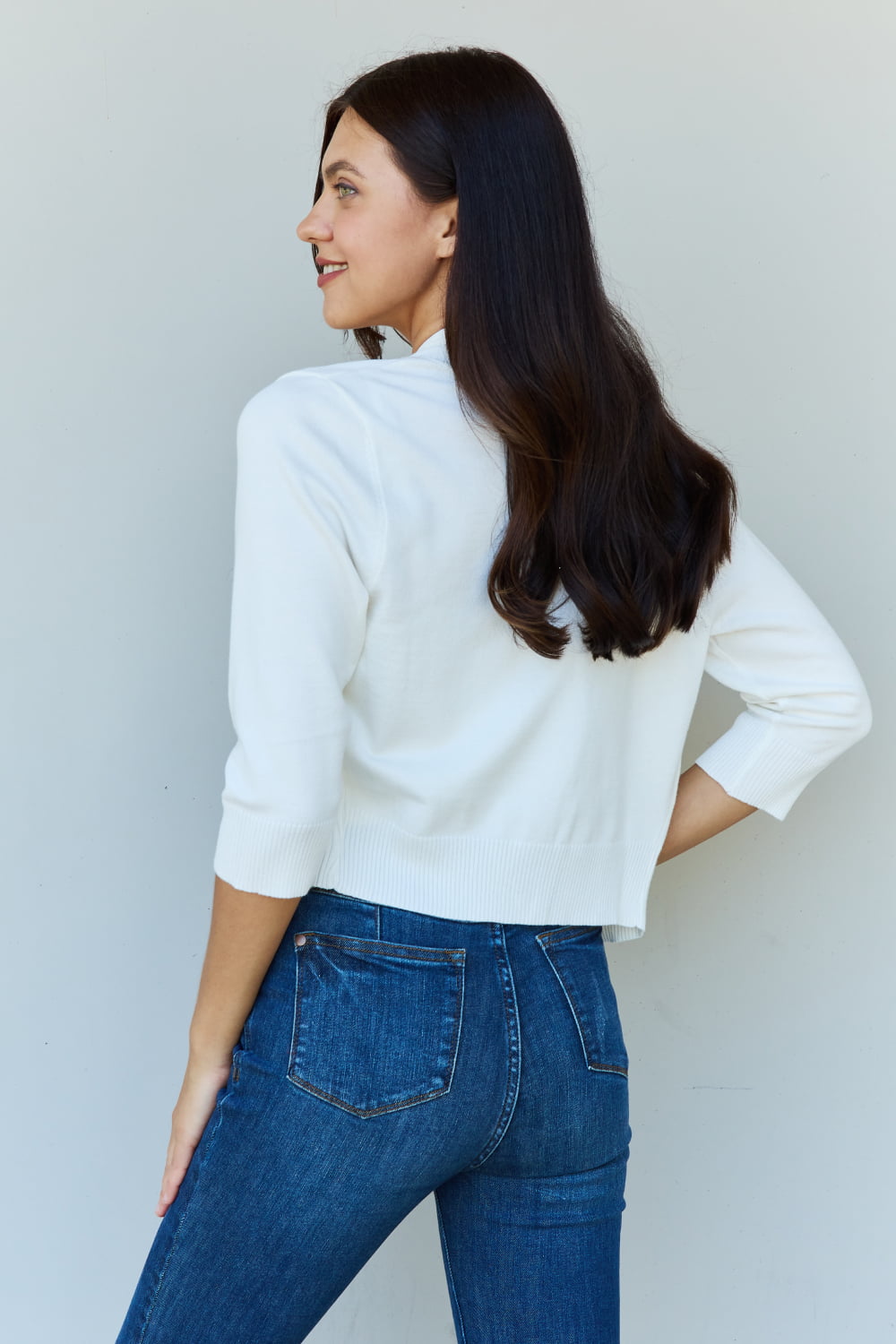 Doublju My Favorite Full Size 3/4 Sleeve Cropped Cardigan in Ivory Dresses & Tops