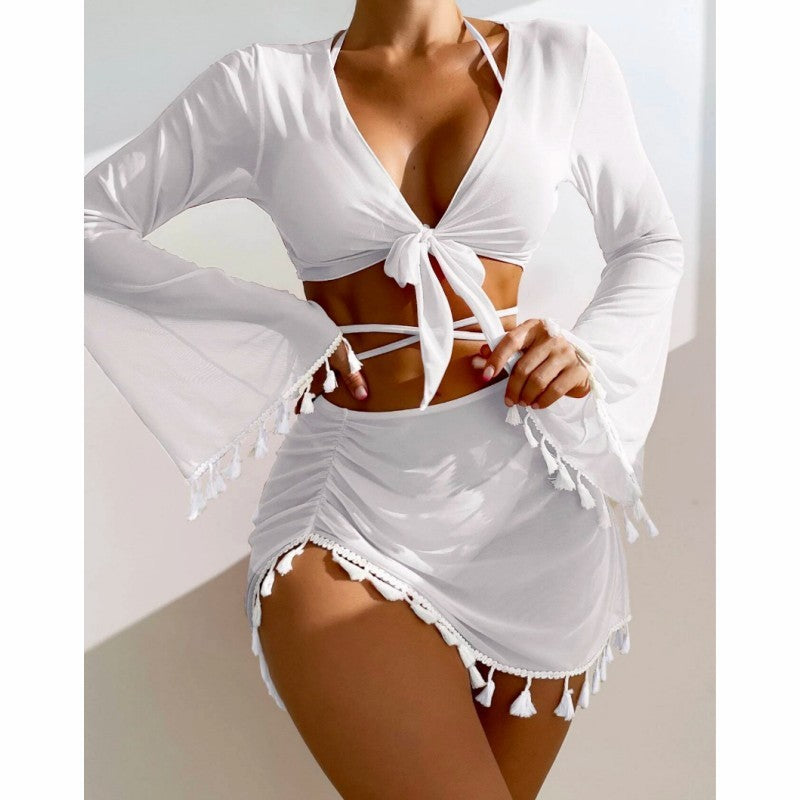 4pcs Solid Color Bikini With Short Skirt And Long Sleeve Cover-up Fashion Bow Tie Fringed Swimsuit Set Summer Beach Womens Clothing apparel & accessories