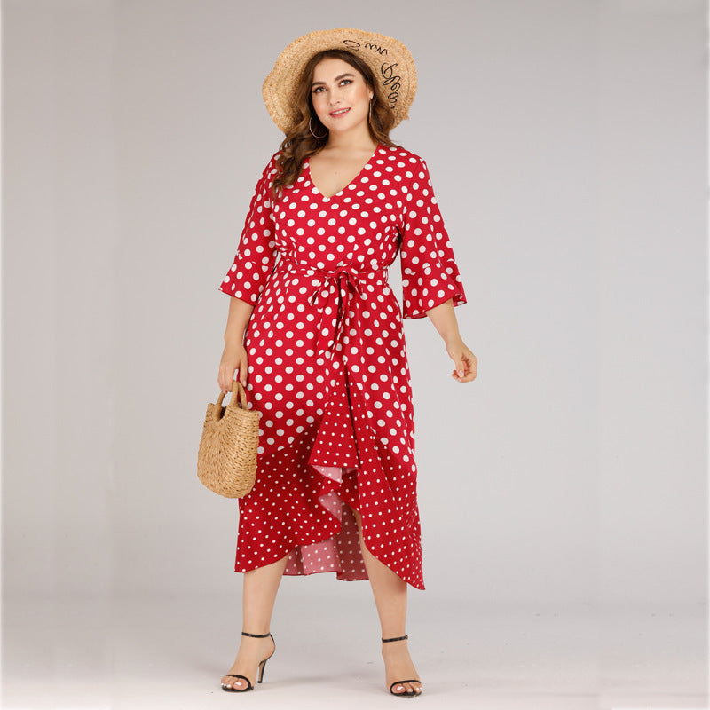 Plus size V-neck lace ruffled polka dot dress Dresses & Tops