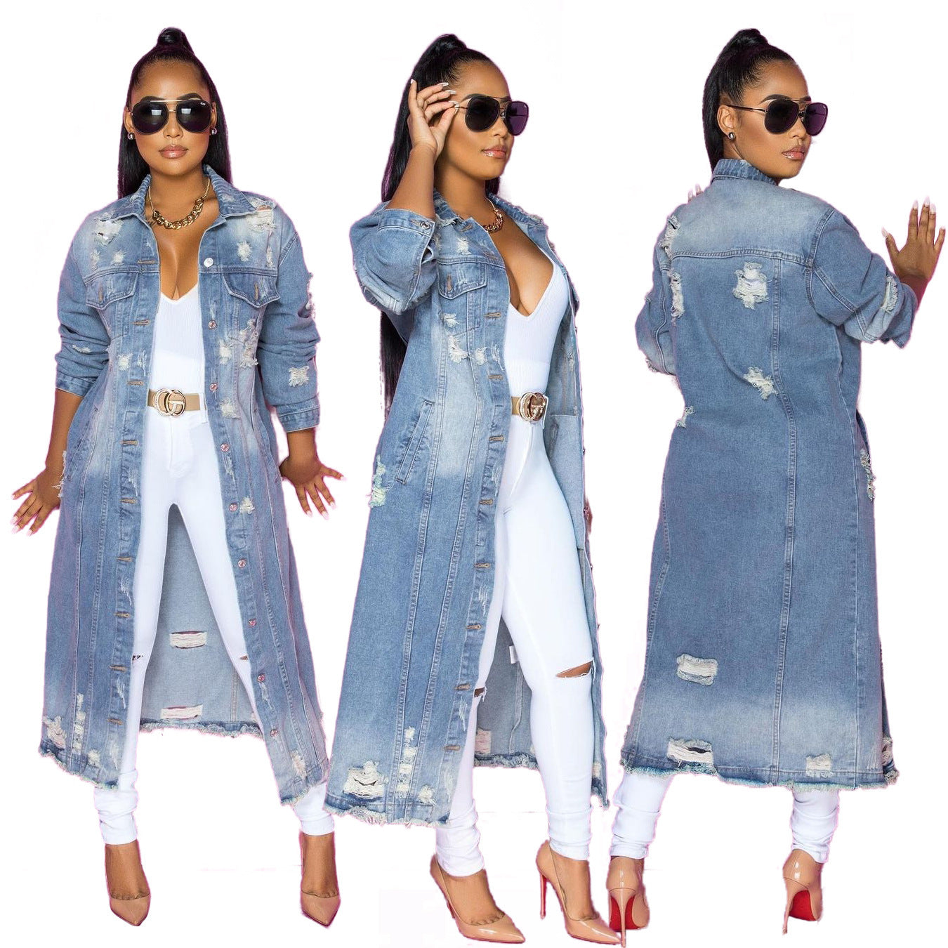 Blue Hole Washed Loose Long Sleeve Denim Coat apparels & accessories