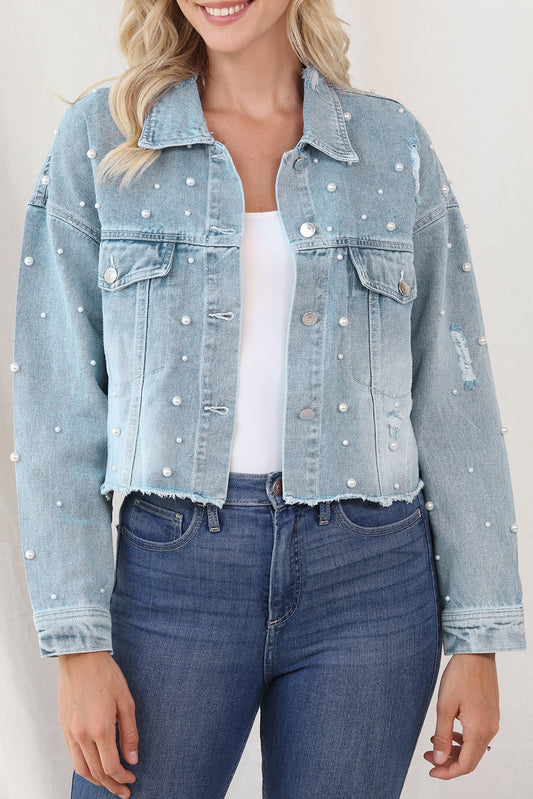 Distressed Pearl Trim Button Up Denim Jacket Dresses & Tops