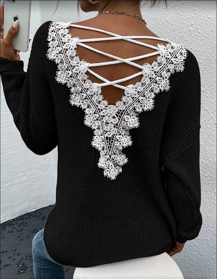 Lace Backless V-neck Pullover Long Sleeve Sweater apparels & accessories