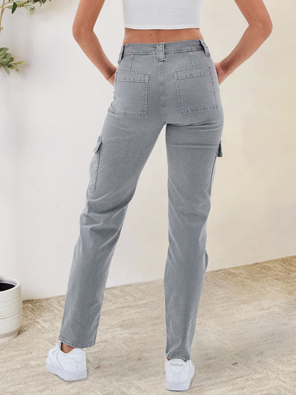 Buttoned Straight Jeans with Cargo Pockets Bottom wear