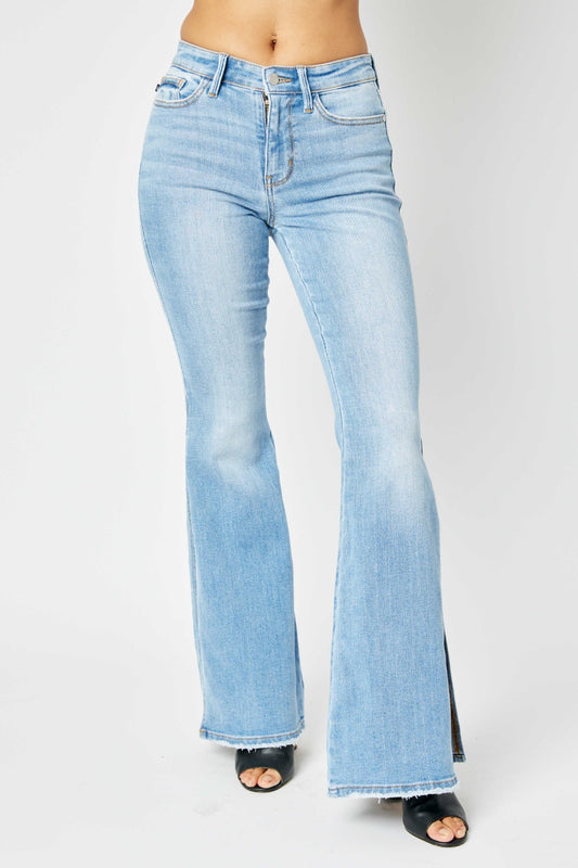 Judy Blue Full Size Mid Rise Raw Hem Slit Flare Jeans Bottom wear