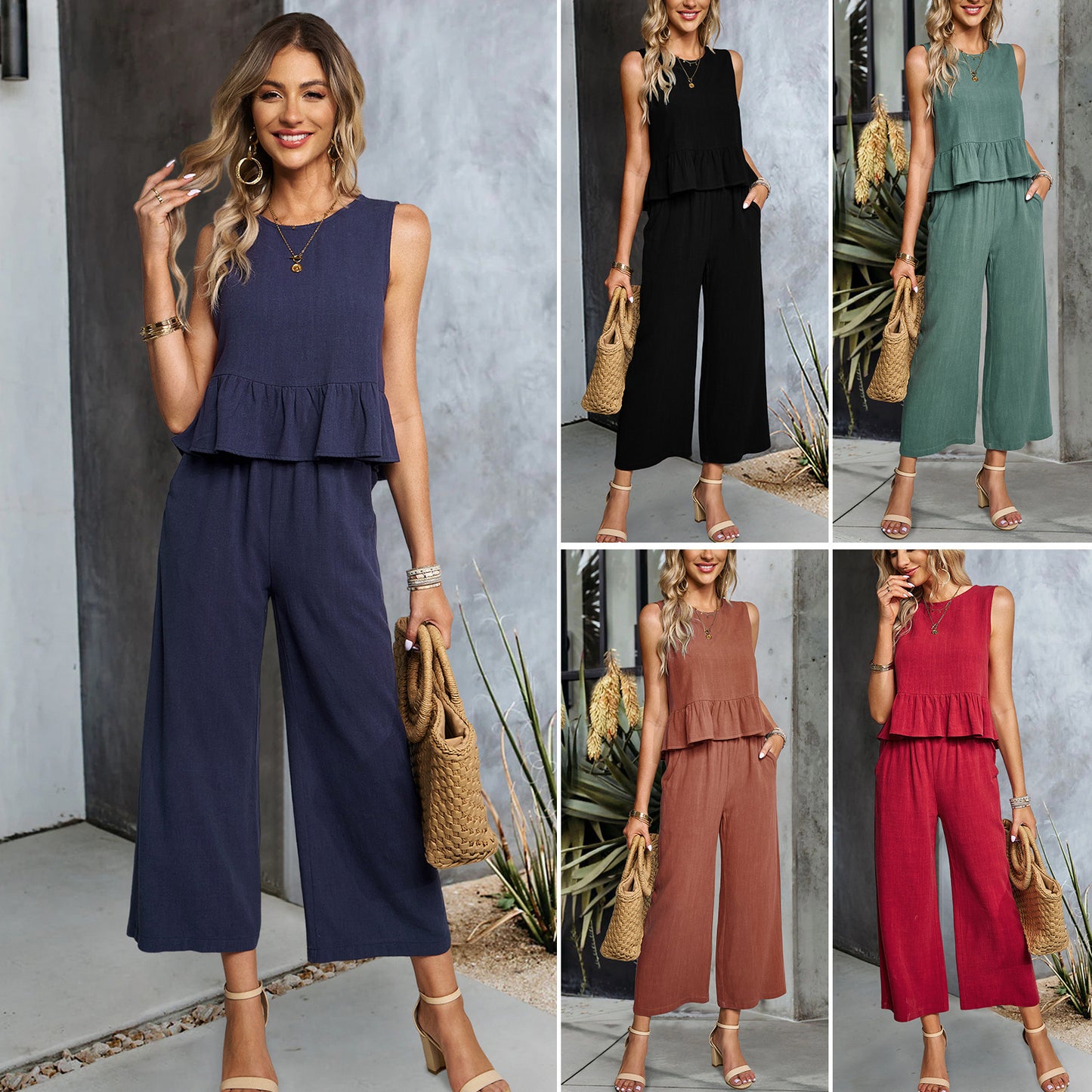 Women's Sleeveless Shirt Wide Leg Cropped Pants Set apparels & accessories