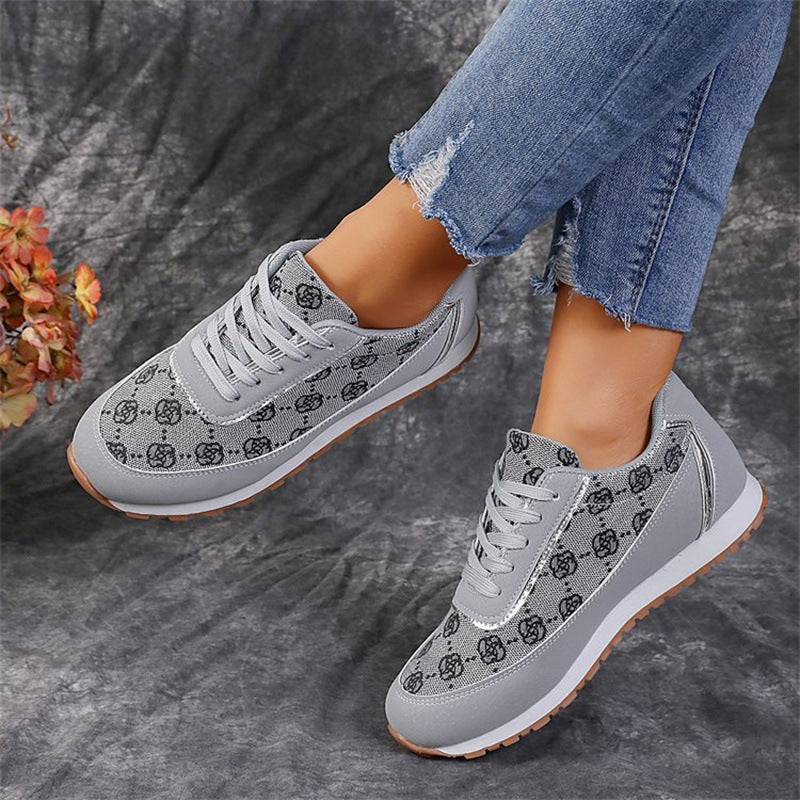 Flower Print Lace-up Sneakers Casual Fashion Lightweight Breathable Walking Running Sports Shoes Women Flats Shoes & Bags