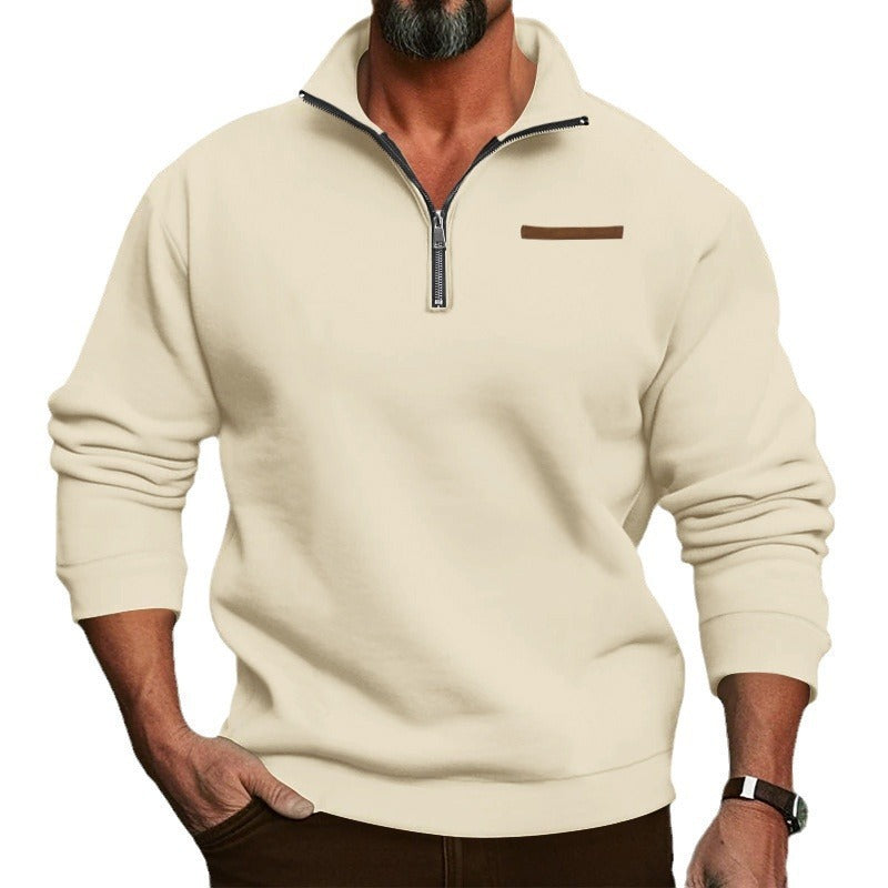 Fleece-lined Half Zipped Stand Collar Sweater Solid Color Plus Size Top men's clothing