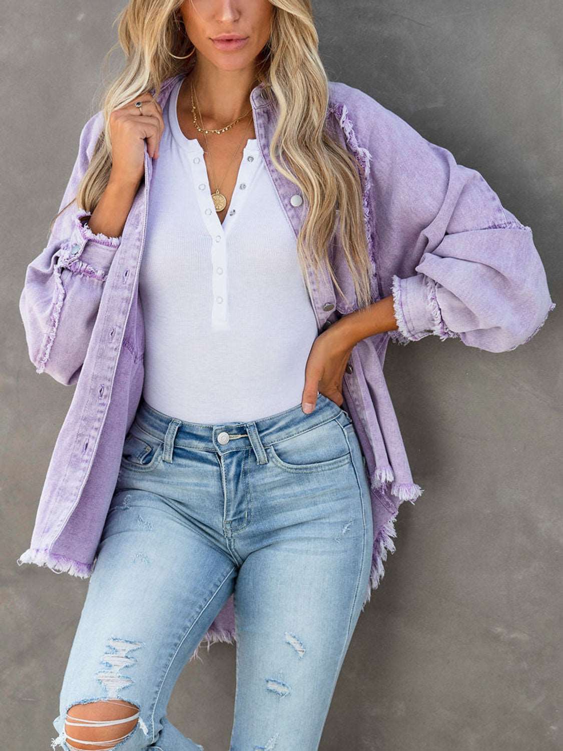 Button Down Raw Hem Denim Jacket Dresses & Tops