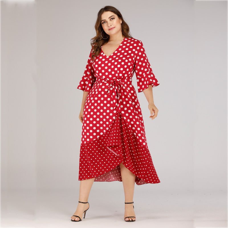 Plus size V-neck lace ruffled polka dot dress Dresses & Tops