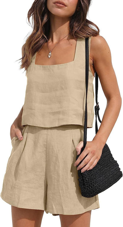 Casual Cotton Linen Sleeveless Square Collar Top Two-piece Shorts Suit apparels & accessories