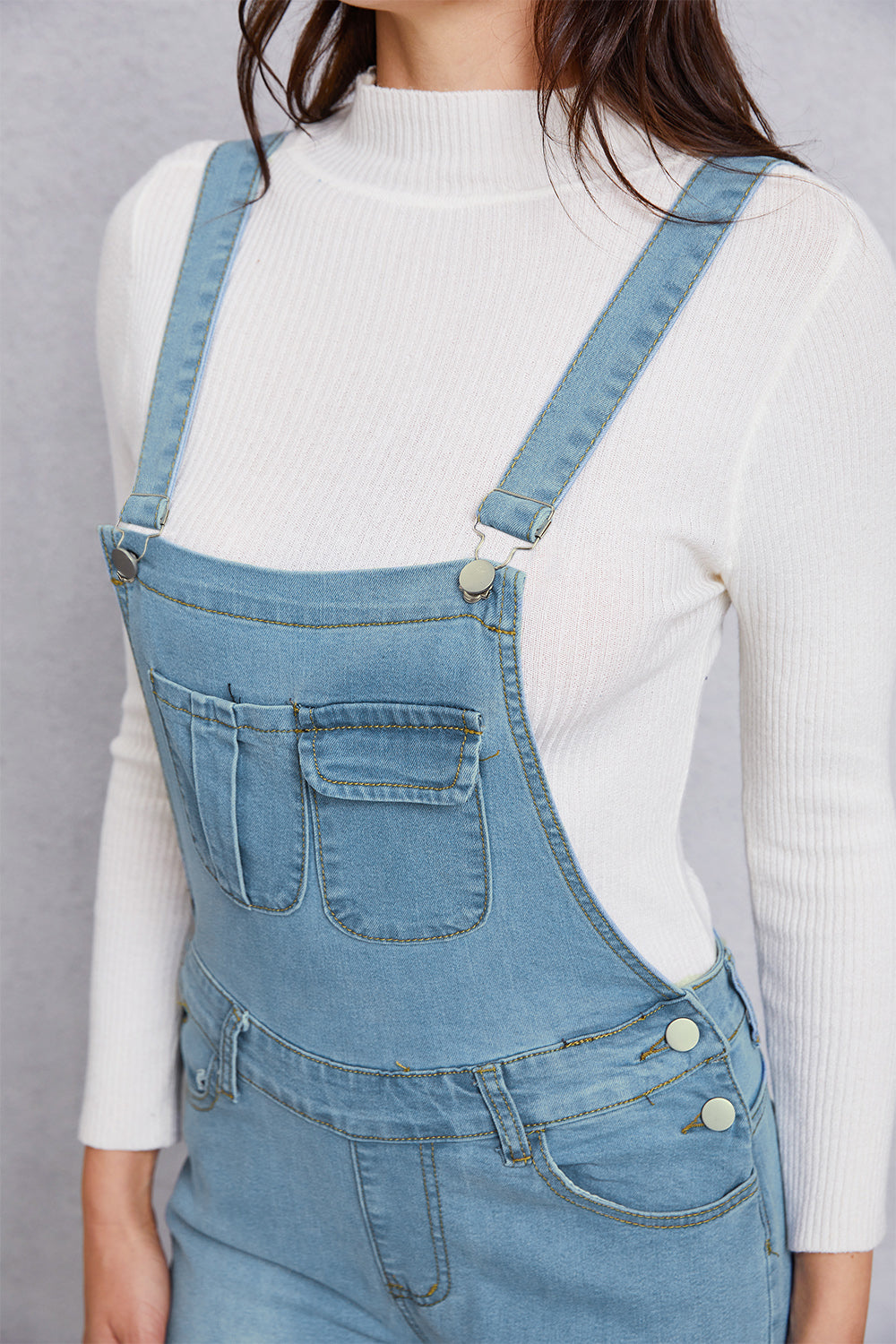 Distressed Washed Denim Overalls with Pockets Bottom wear