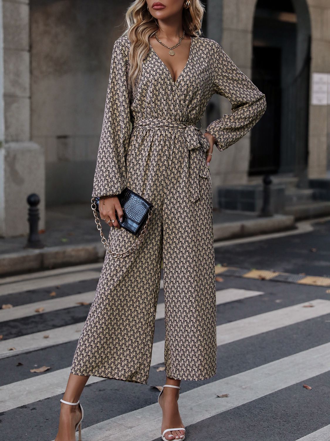 Printed Surplice Neck Tie Waist Wide Leg Jumpsuit Bottom wear