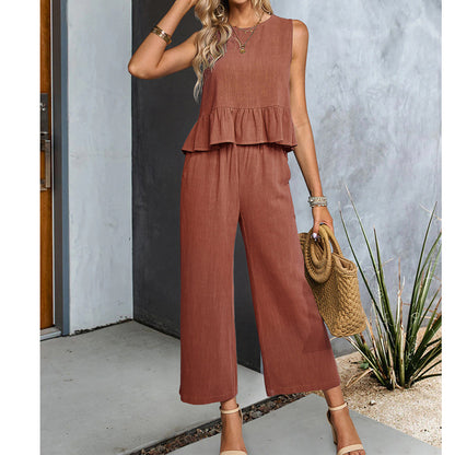 Women's Sleeveless Shirt Wide Leg Cropped Pants Set apparels & accessories