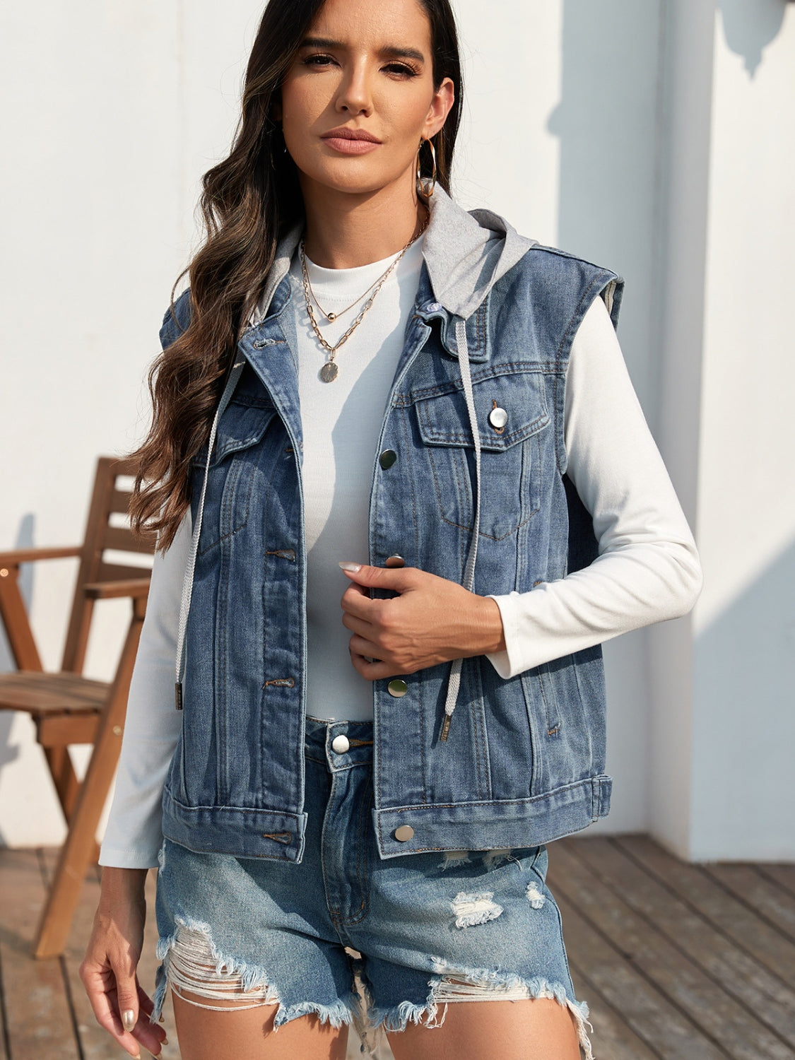 Pocketed Button Up Hooded Denim Jacket Dresses & Tops