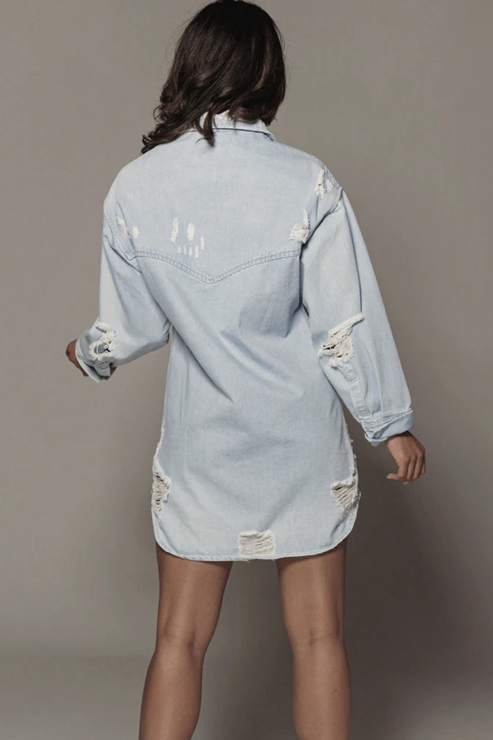 Distressed Long Sleeve Longline Denim Jacket Dresses & Tops