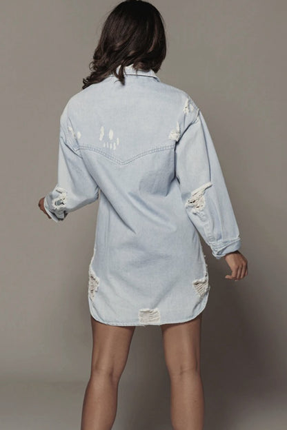 Distressed Long Sleeve Longline Denim Jacket Dresses & Tops