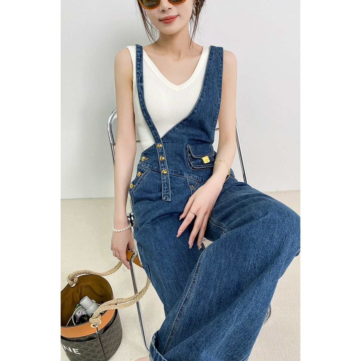 Women's Metal Buckle Versatile Asymmetric Small Waist Bag Denim Suspender Pants apparel & accessories