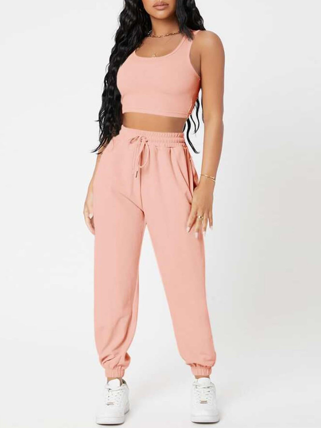 Wide Strap Top and Drawstring Joggers Set Bottom wear