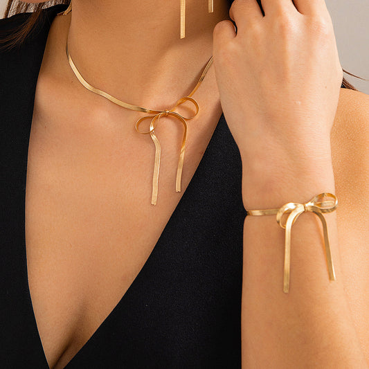 Women's Metal Ribbon Bow Stud Earrings Necklace Bracelet Set Jewelry