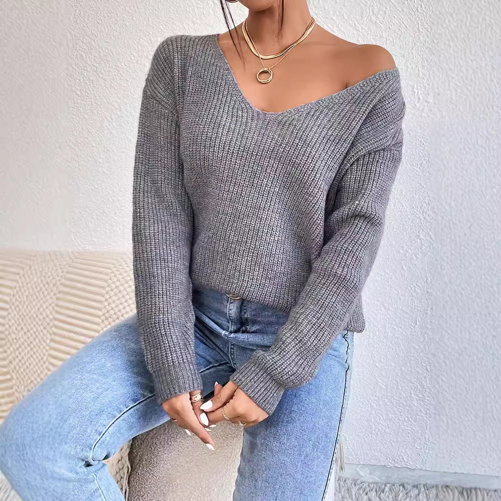 Lace Backless V-neck Pullover Long Sleeve Sweater apparels & accessories