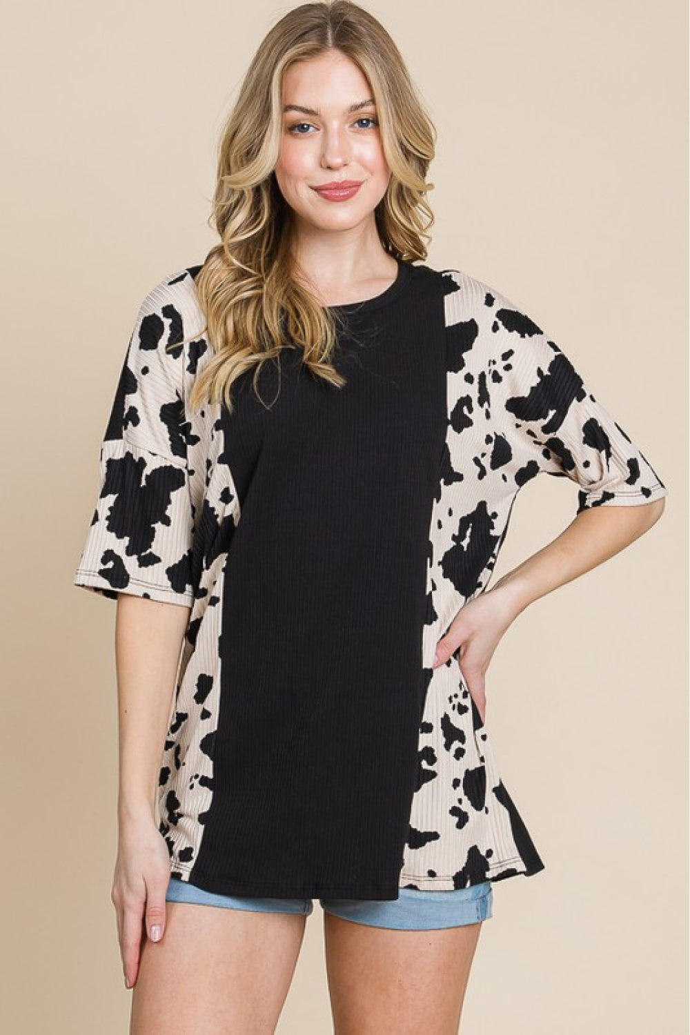 BOMBOM Rodeo Love Ribbed Animal Contrast Tee Dresses & Tops