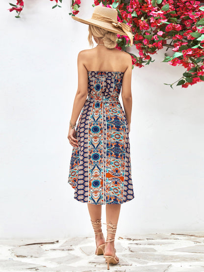 Printed Strapless Tie Belt Dress apparel & accessories