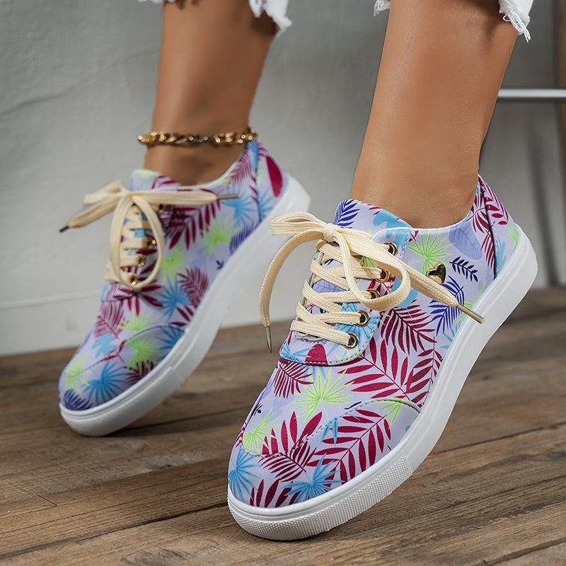 Canvas Shoes For Women Lace-Up Flats Leaves Print Shoes & Bags