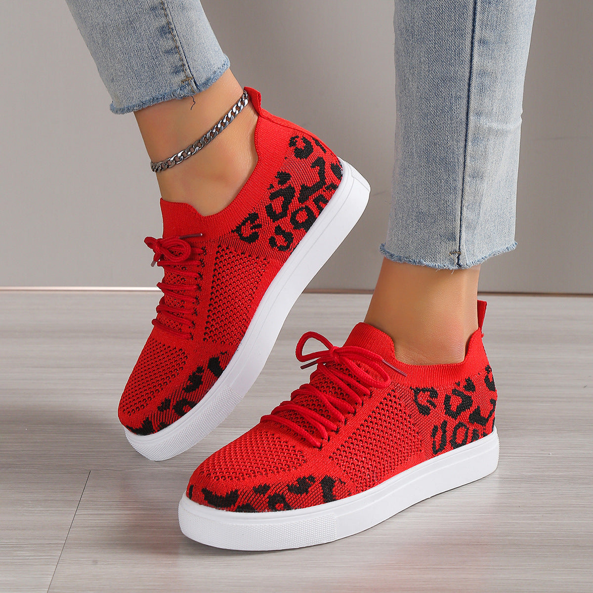 Lace-Up Leopard Flat Sneakers Shoes & Bags