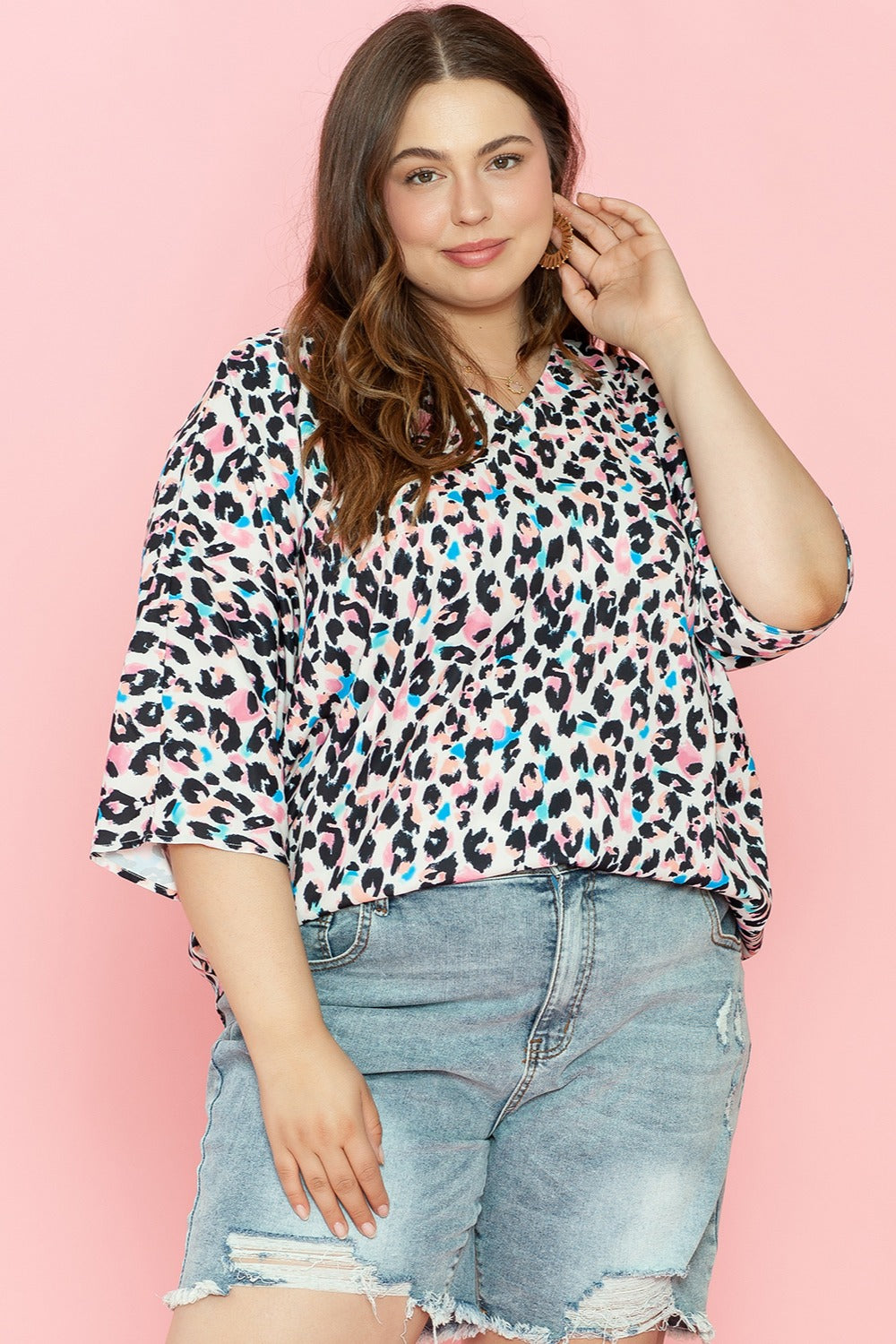 Plus Size Leopard V-Neck Three-Quarter Sleeve Blouse Dresses & Tops