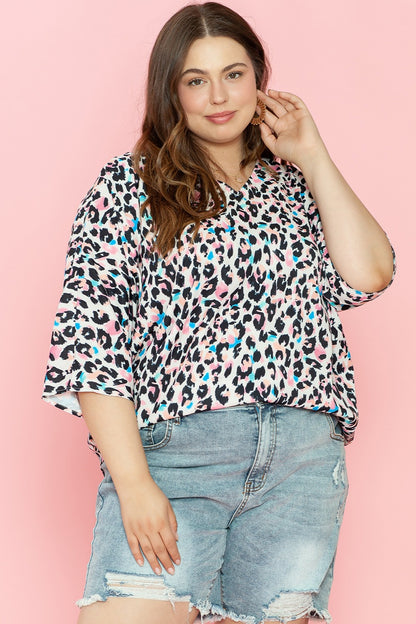 Plus Size Leopard V-Neck Three-Quarter Sleeve Blouse Dresses & Tops