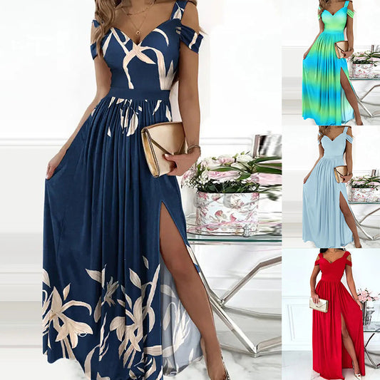 V-neck Boho Spaghetti Strap Dress Split Long Flowy Dresses apparel & accessories