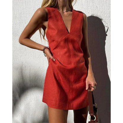 V-neck Cotton And Linen Sleeveless Dress Women's Solid Color Vest Short Skirt apparel & accessories