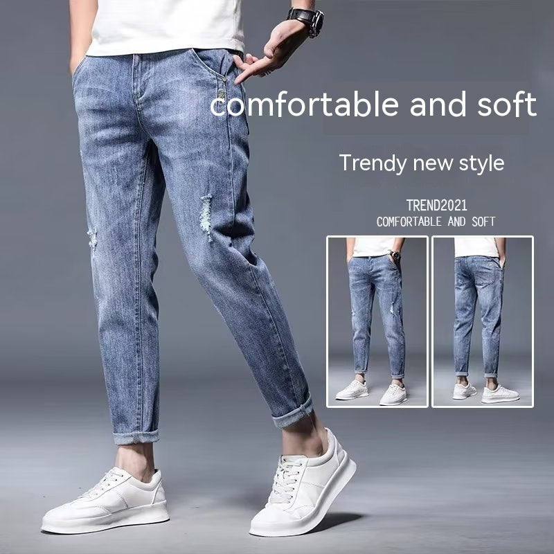 Loose Straight Ripped Stretch Pants Men's Casual Cropped Skinny Trousers apparel & accessories