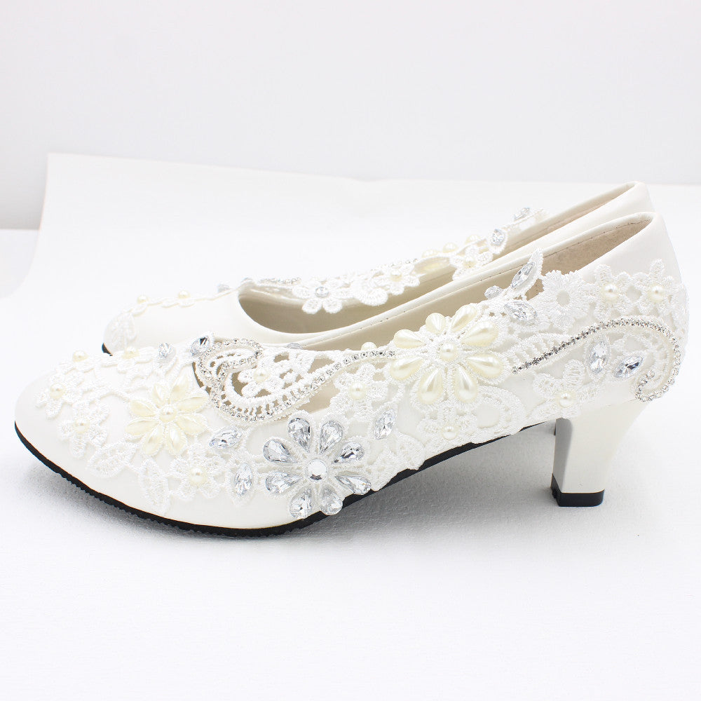 White High-heeled Wedding Shoes Lace Rhinestone Bridal Shoes & Bags