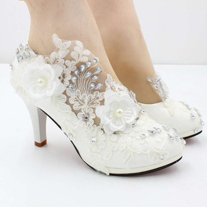 Floral White Lace High Heels Shoes & Bags