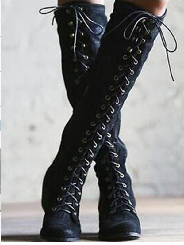 Solid Color Thick Low Heel High-top Boots Shoes & Bags