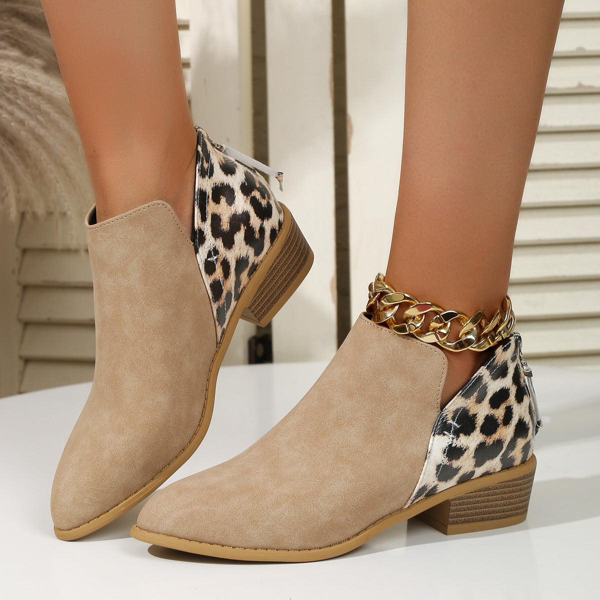 Fashion Leopard Print Boots Pointed Toe Chunky Heel Shoes & Bags