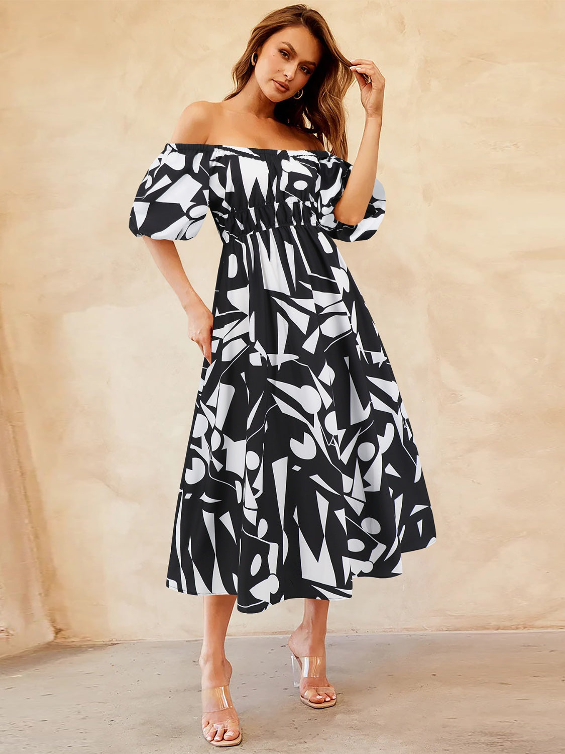 Printed Off-Shoulder Balloon Sleeve Dress apparel & accessories