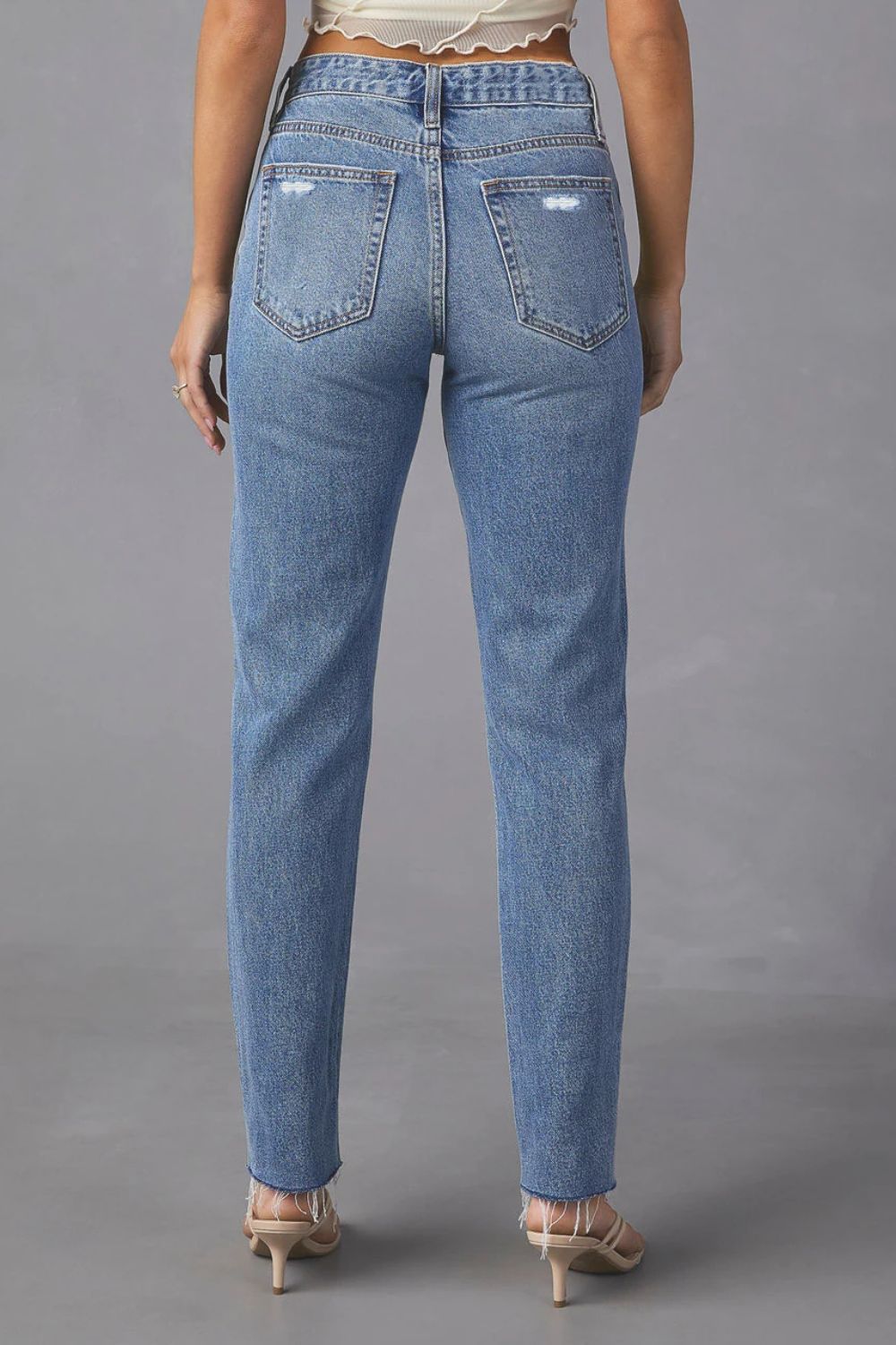 Distressed Raw Hem Straight Jeans with Pockets Bottom wear