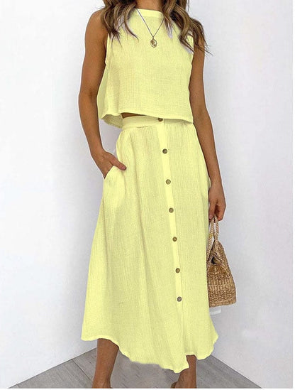 Simple Round Neck Vest Shirt Mid-length Dress Two-piece Suit apparels & accessories