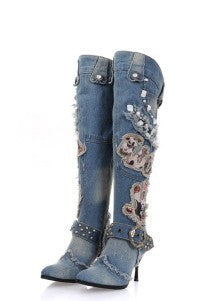 Women's String Beads High-heeled Denim Stiletto Heel Shoes & Bags