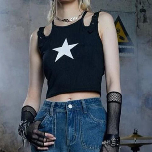 Dark Girl Fashion Wear With Double Adjustable Shoulder Straps Design Navel Vest Five-pointed Star Hot Girl Print Black apparel & accessories