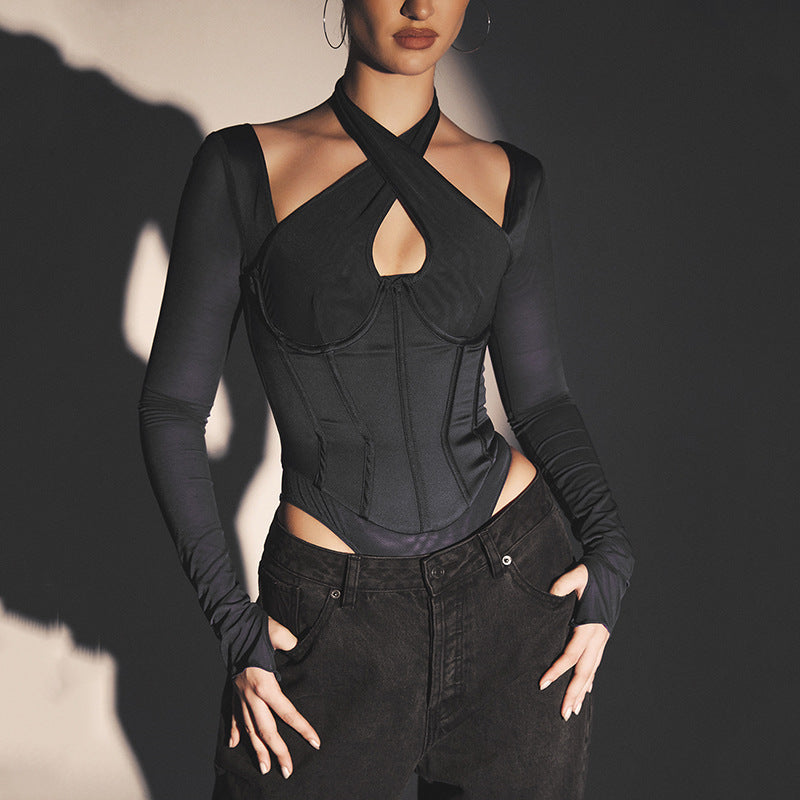 Halterneck Jumpsuit Solid Color See-through Long Sleeves apparels & accessories