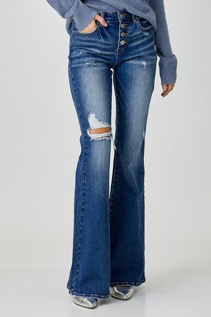 RISEN Distressed Button-Fly Flare Jeans Bottom wear