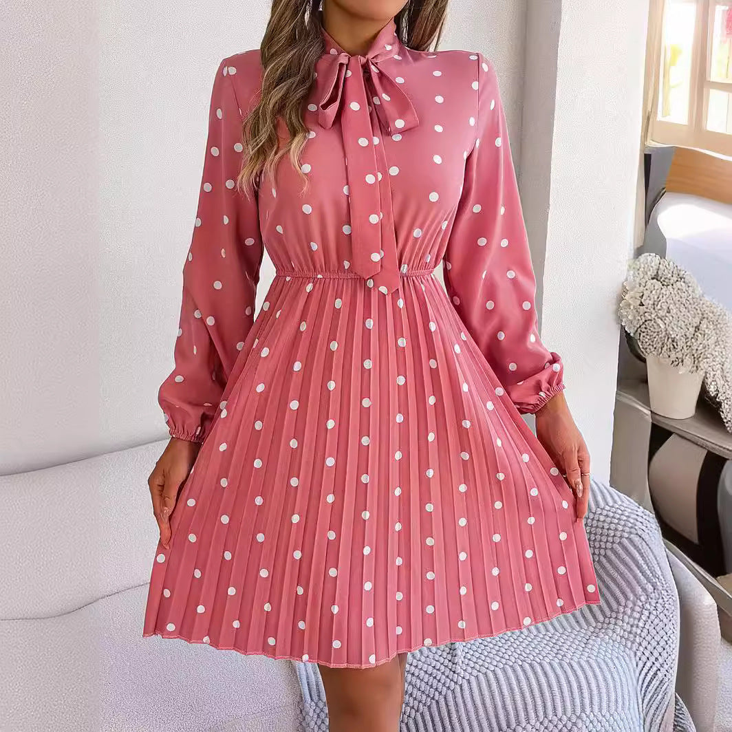 Women's Polka-dot Self-tie Waist-controlled Long Sleeves Pleated Skirt apparels & accessories