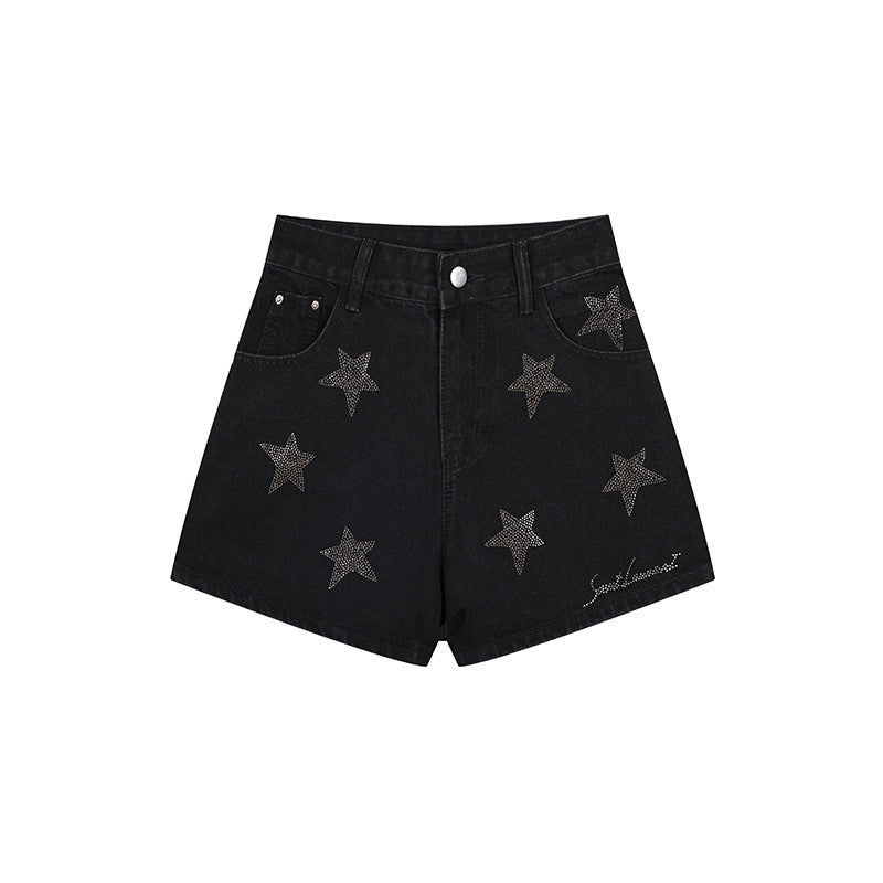 Women's Fashionable High Waist Casual Slim-fit Rhinestone Denim Shorts shorts