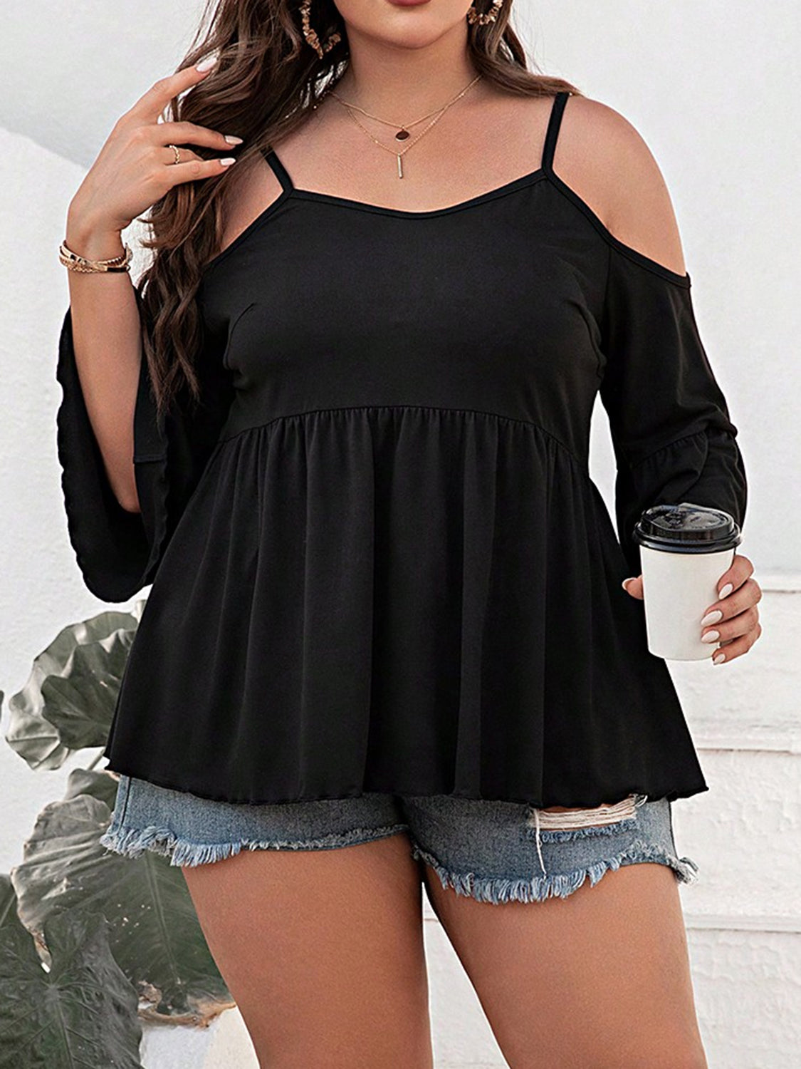 Plus Size Cold Shoulder Flounce Sleeve Blouse Dresses & Tops